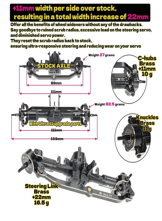 RampCrab Axle widening Upgrade Parts for TRX4M, 11mm Wider on Each Side (Front & Rear), Brass Upgrades Parts for TRX4m RC Crawler Car, Fit for 1/18 TRX4-M Unlimited Trail Buggy, Ultra 11 - Image 2